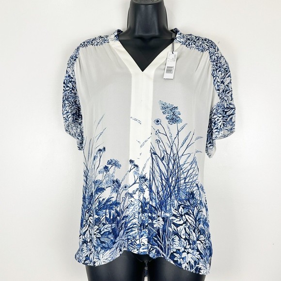 Elie Tahari Tiffany Silk Floral-Print Pearl Indigo V-Neck Short-Sleeve Blouse - Picture 2 of 15